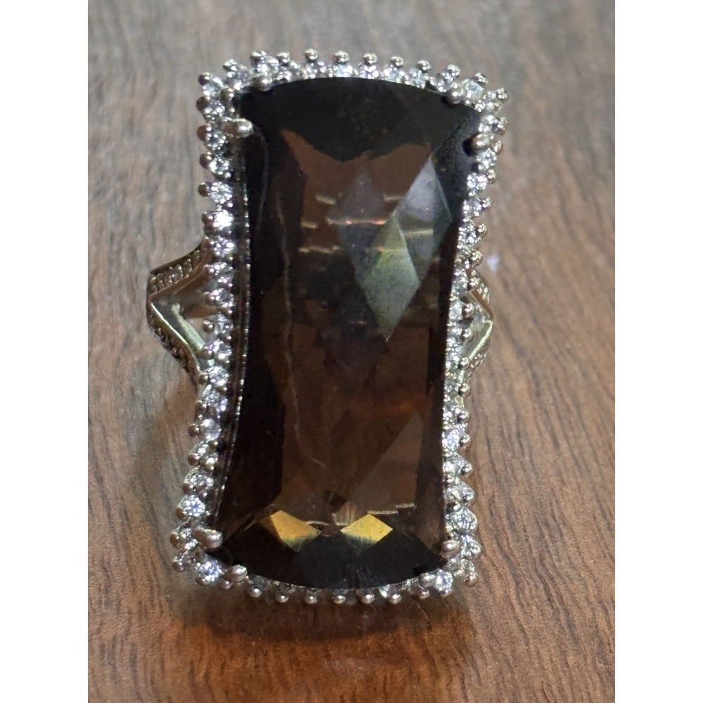 Smoky Quartz & Zircon Statement Ring - Sterling Silver, Brown, Size 9